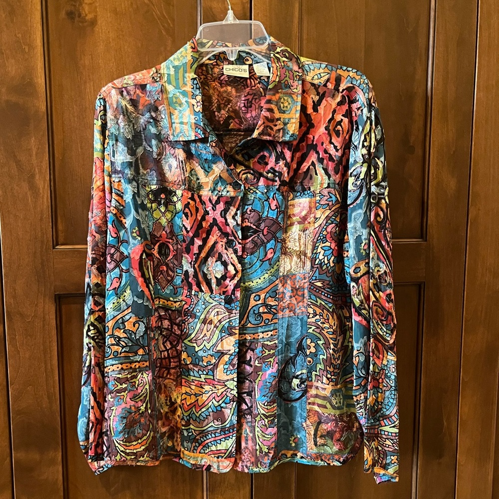 Chico's Vintage Multi-Color Print Button Down Blouse, Colorful, Size Large - Picture 1 of 3